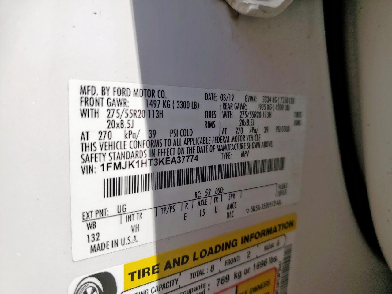 2019 Ford Expedition Max Xlt VIN: 1FMJK1HT3KEA37774 Lot: 66865895