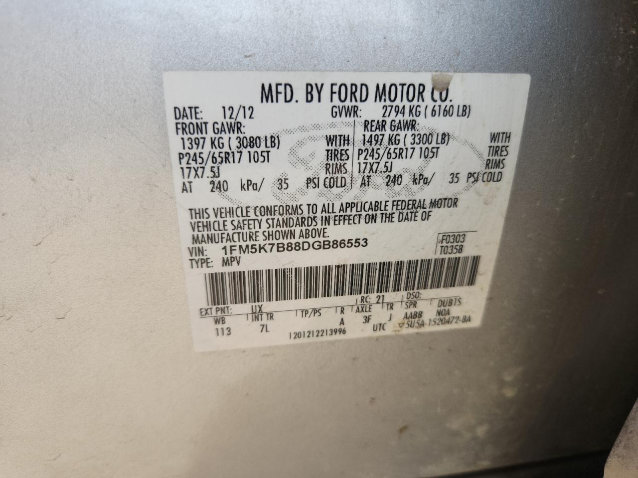 2013 Ford Explorer VIN: 1FM5K7B88DGB86553 Lot: 64119975