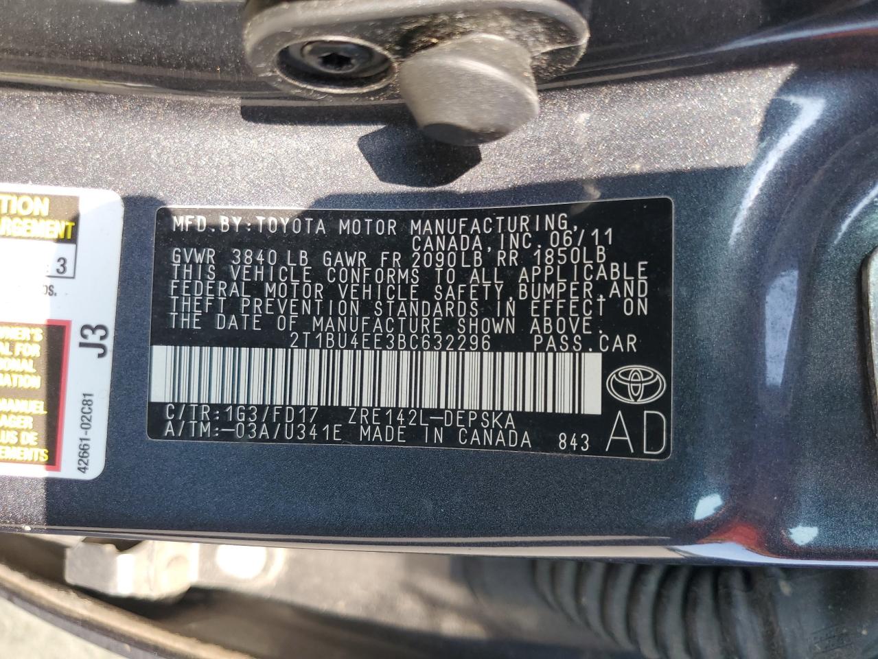 2011 Toyota Corolla Base VIN: 2T1BU4EE3BC632296 Lot: 64974105