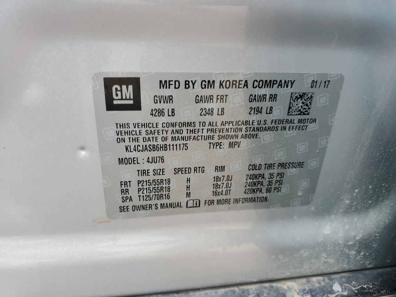 2017 Buick Encore Preferred VIN: KL4CJASB6HB111175 Lot: 64514575