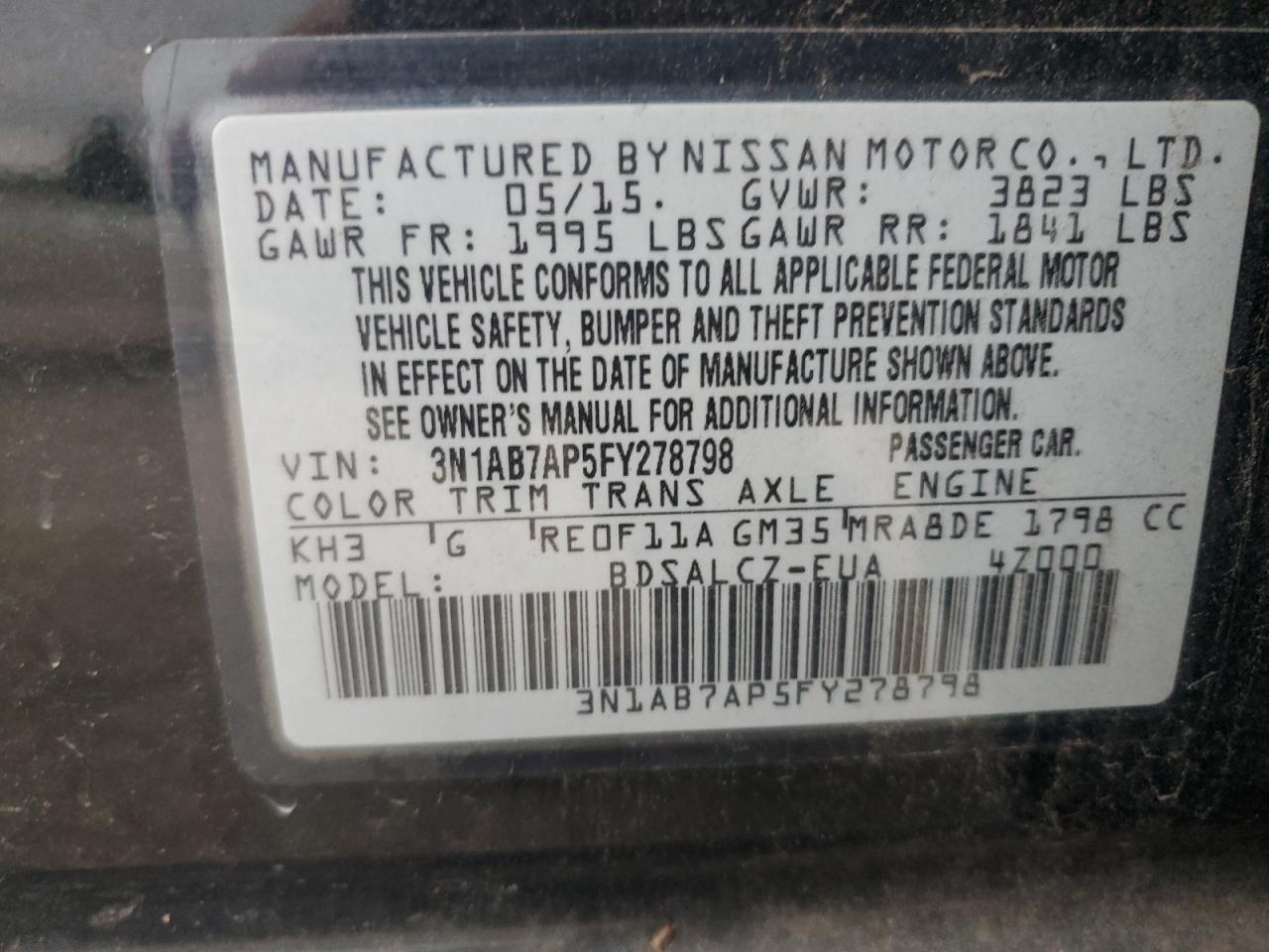 2015 Nissan Sentra S VIN: 3N1AB7AP5FY278798 Lot: 65457415