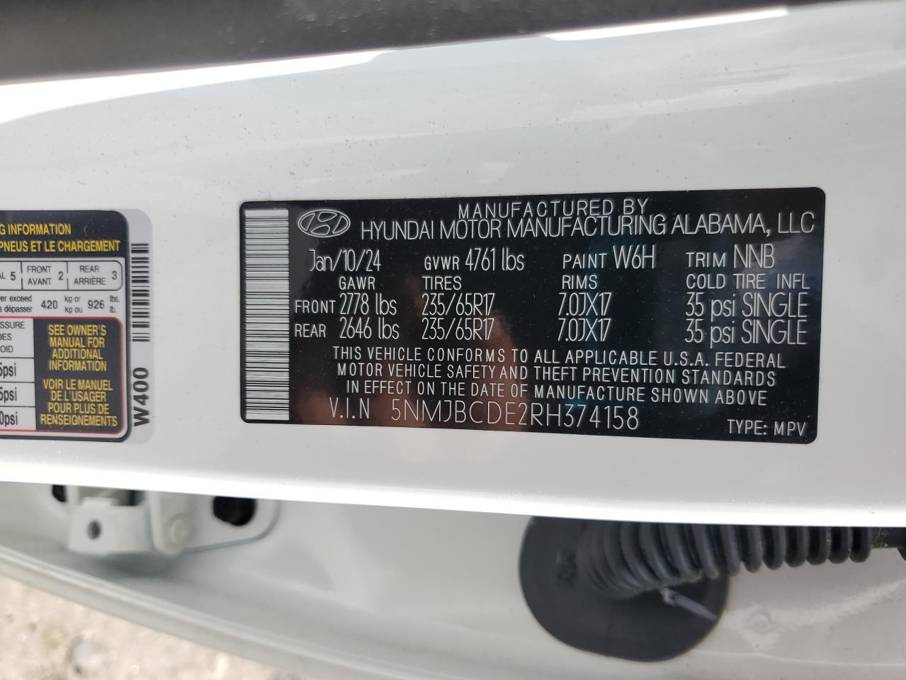 2024 Hyundai Tucson Sel VIN: 5NMJBCDE2RH374158 Lot: 65082615