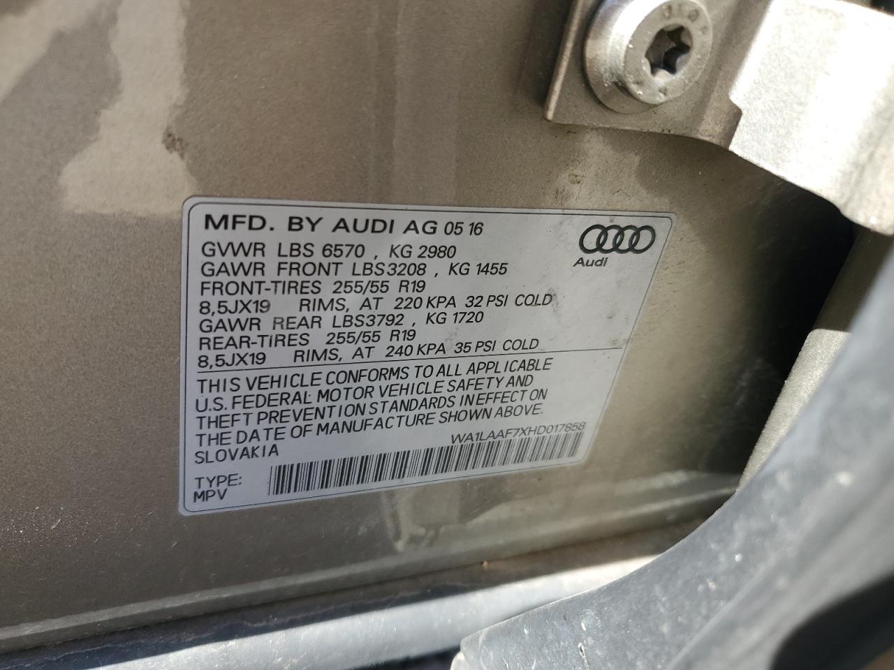 2017 Audi Q7 Premium Plus VIN: WA1LAAF7XHD017858 Lot: 63209525