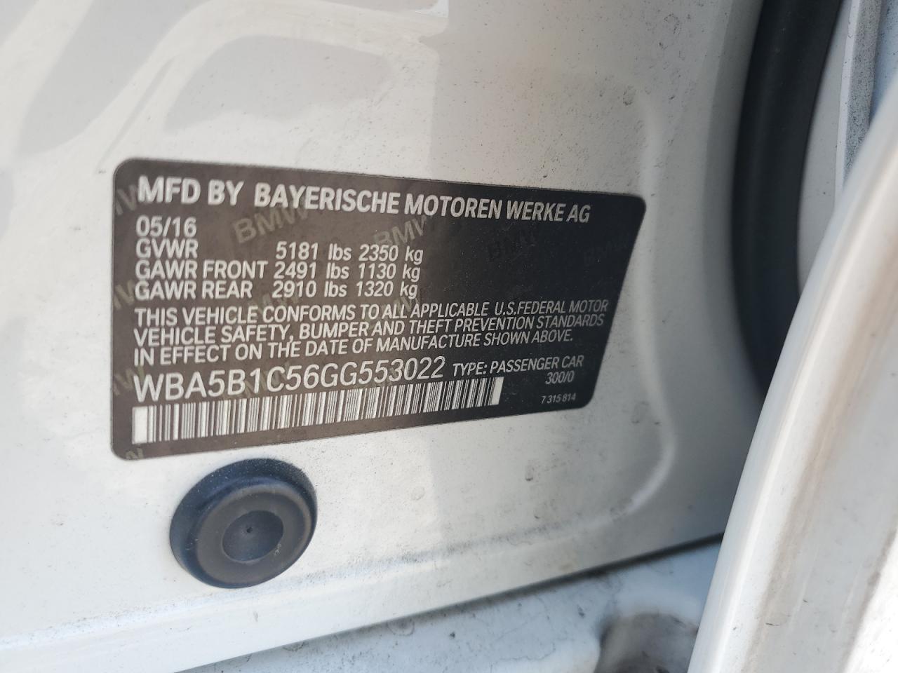 2016 BMW 535 I VIN: WBA5B1C56GG553022 Lot: 64693235