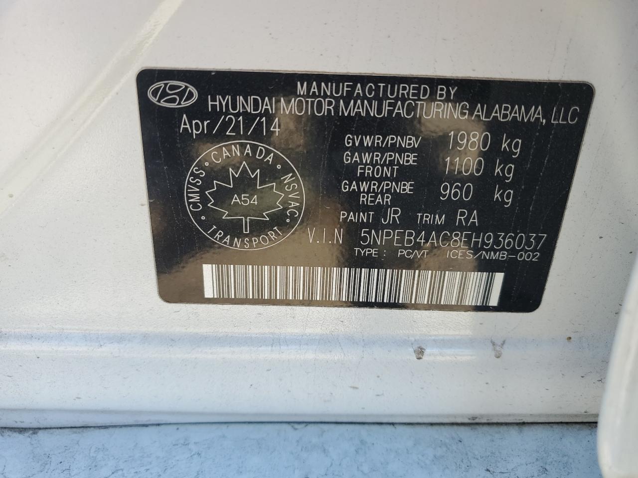 2014 Hyundai Sonata Gls VIN: 5NPEB4AC8EH936037 Lot: 64032225
