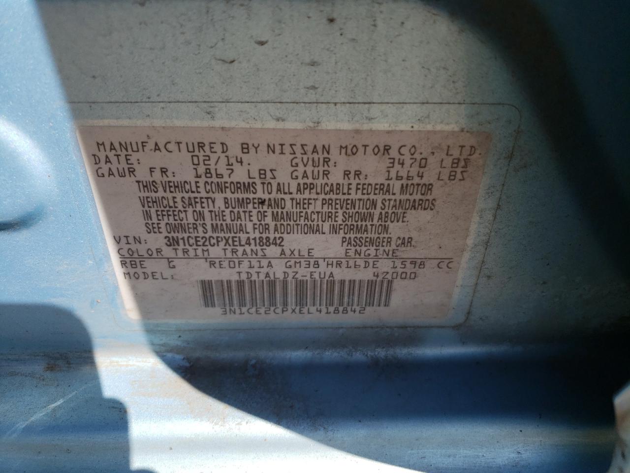 2014 Nissan Versa Note S VIN: 3N1CE2CPXEL418842 Lot: 63071935