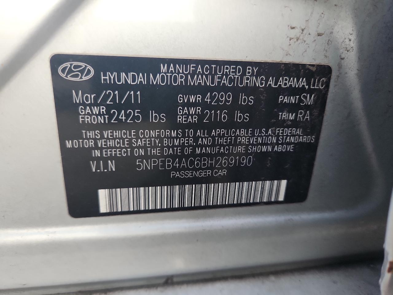 2011 Hyundai Sonata Gls VIN: 5NPEB4AC6BH269190 Lot: 65128825