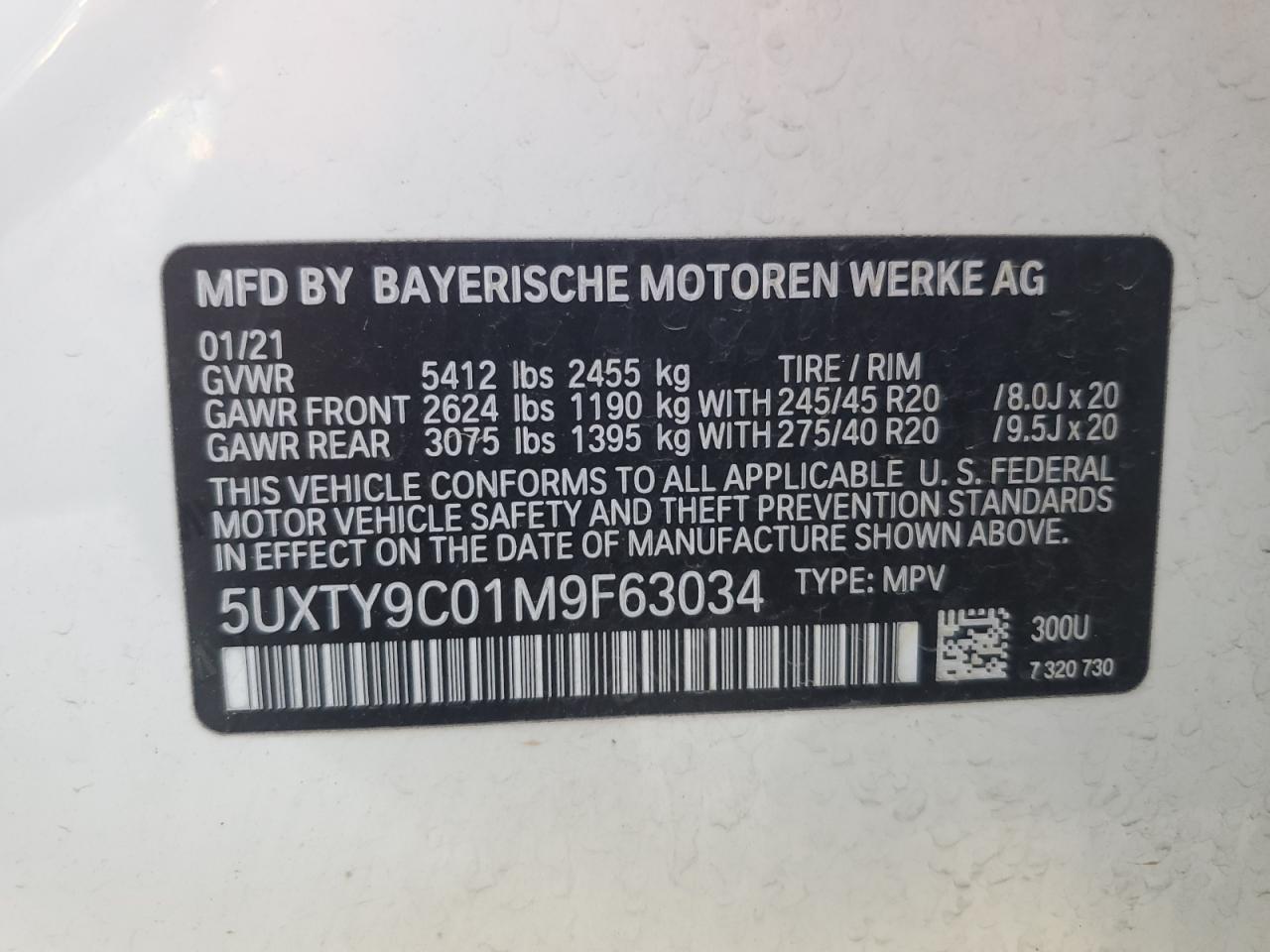 2021 BMW X3 xDrivem40I VIN: 5UXTY9C01M9F63034 Lot: 64205035