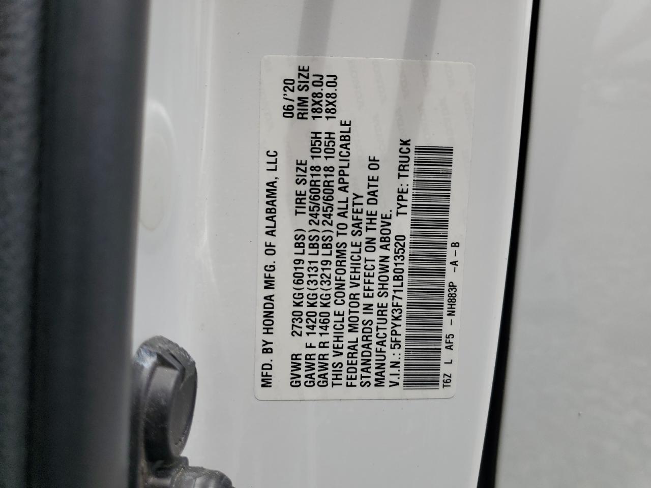 2020 Honda Ridgeline Rtl VIN: 5FPYK3F71LB013520 Lot: 63759625