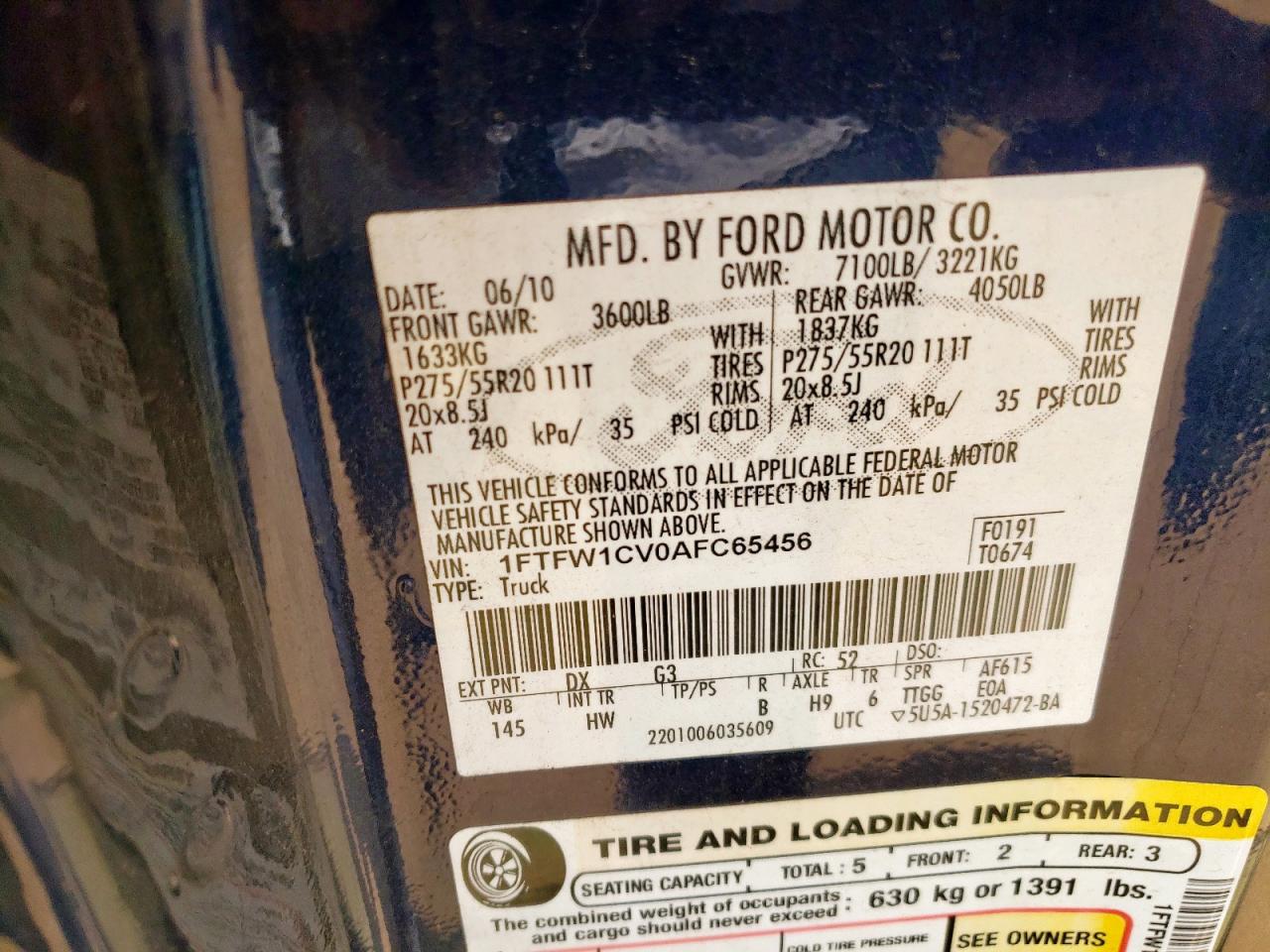 2010 Ford F150 Supercrew VIN: 1FTFW1CV0AFC65456 Lot: 64237865