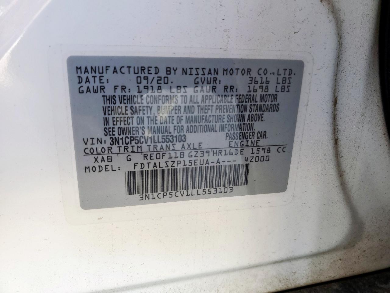 2020 Nissan Kicks Sv VIN: 3N1CP5CV1LL553103 Lot: 64242845