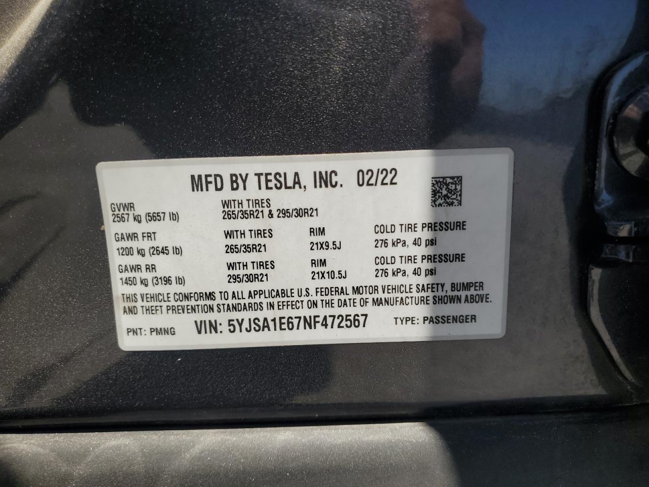 2022 Tesla Model S VIN: 5YJSA1E67NF472567 Lot: 66731515