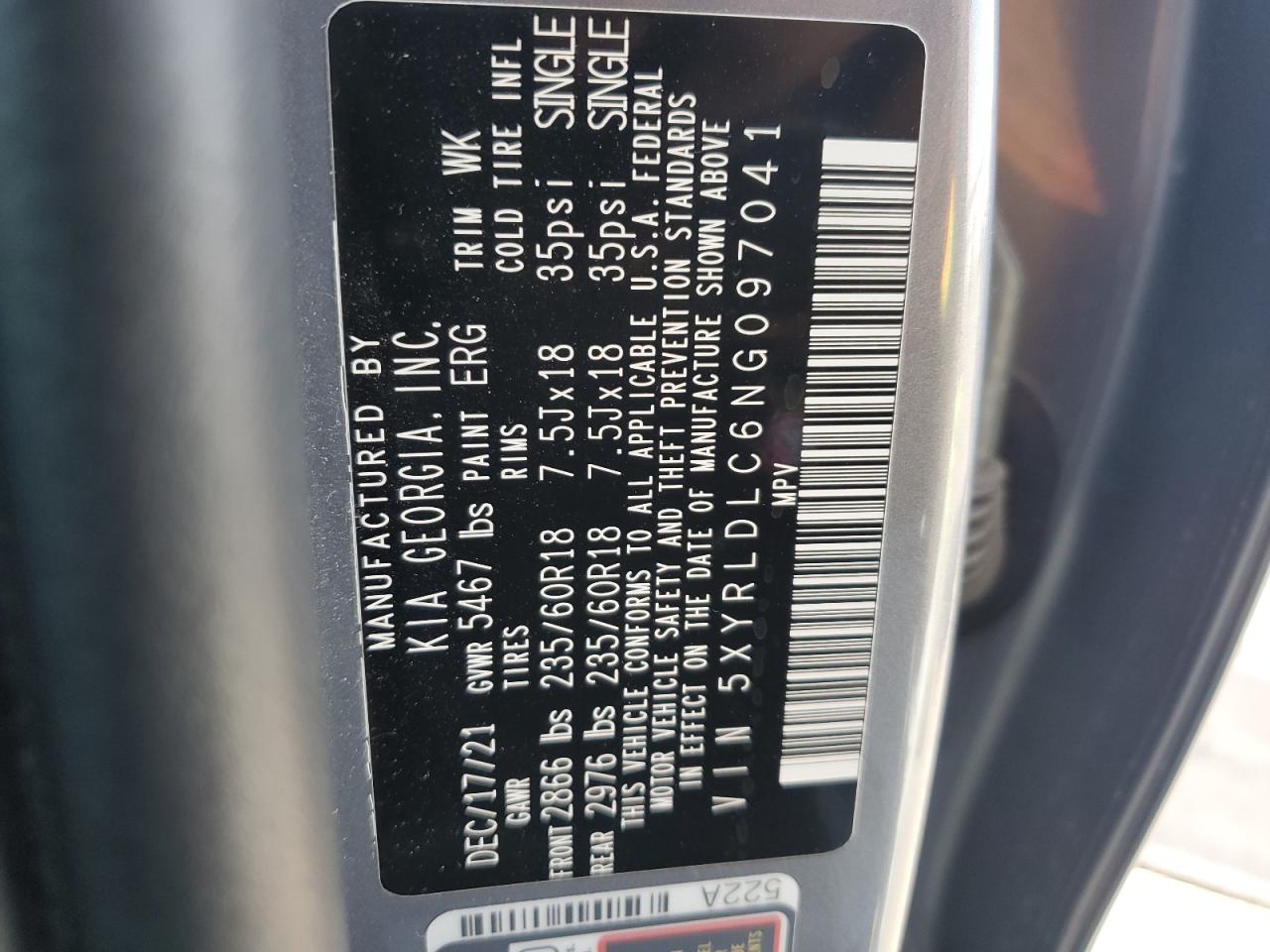2022 Kia Sorento S VIN: 5XYRLDLC6NG097041 Lot: 69818115