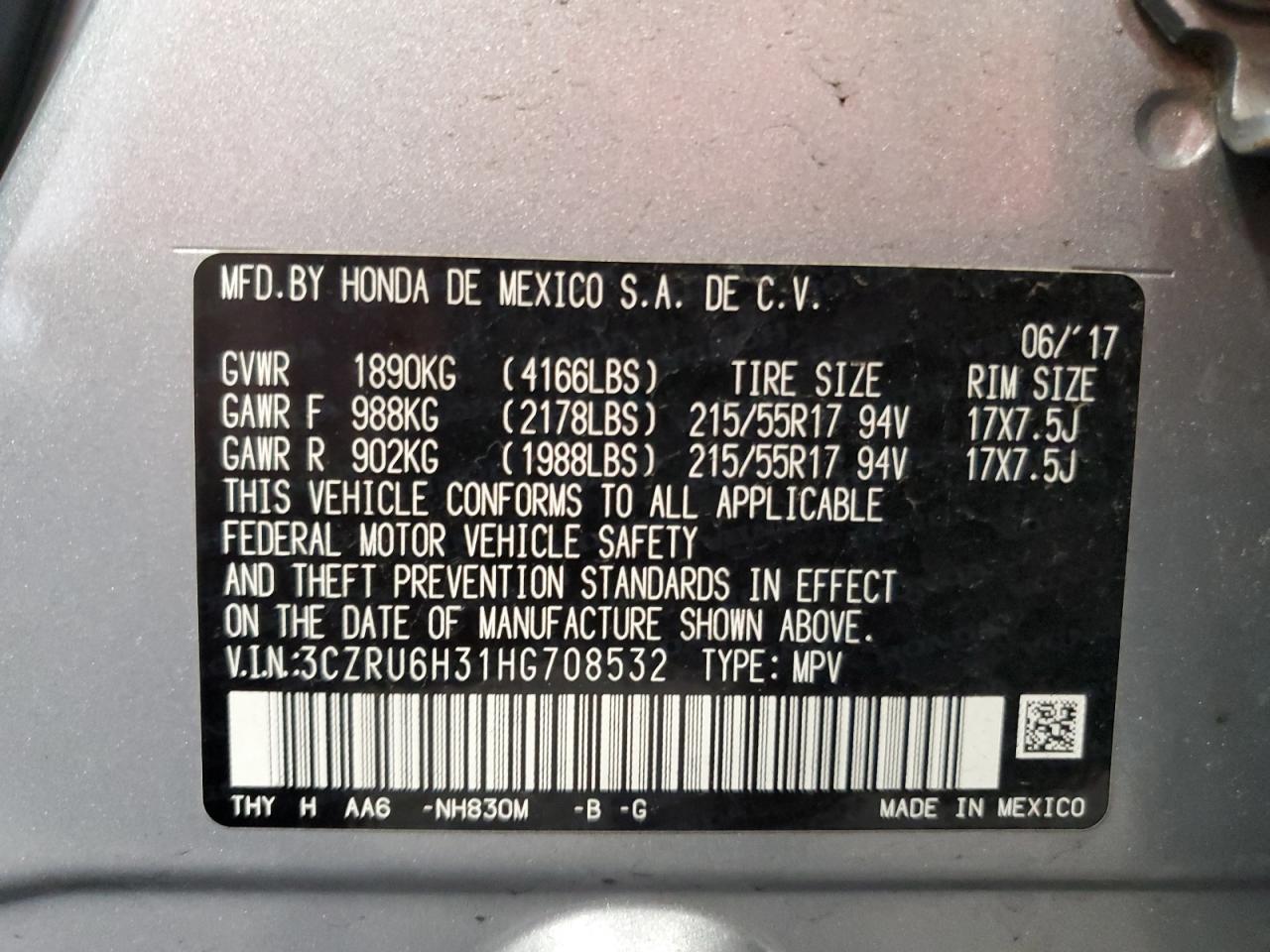 2017 Honda Hr-V Lx VIN: 3CZRU6H31HG708532 Lot: 64661165