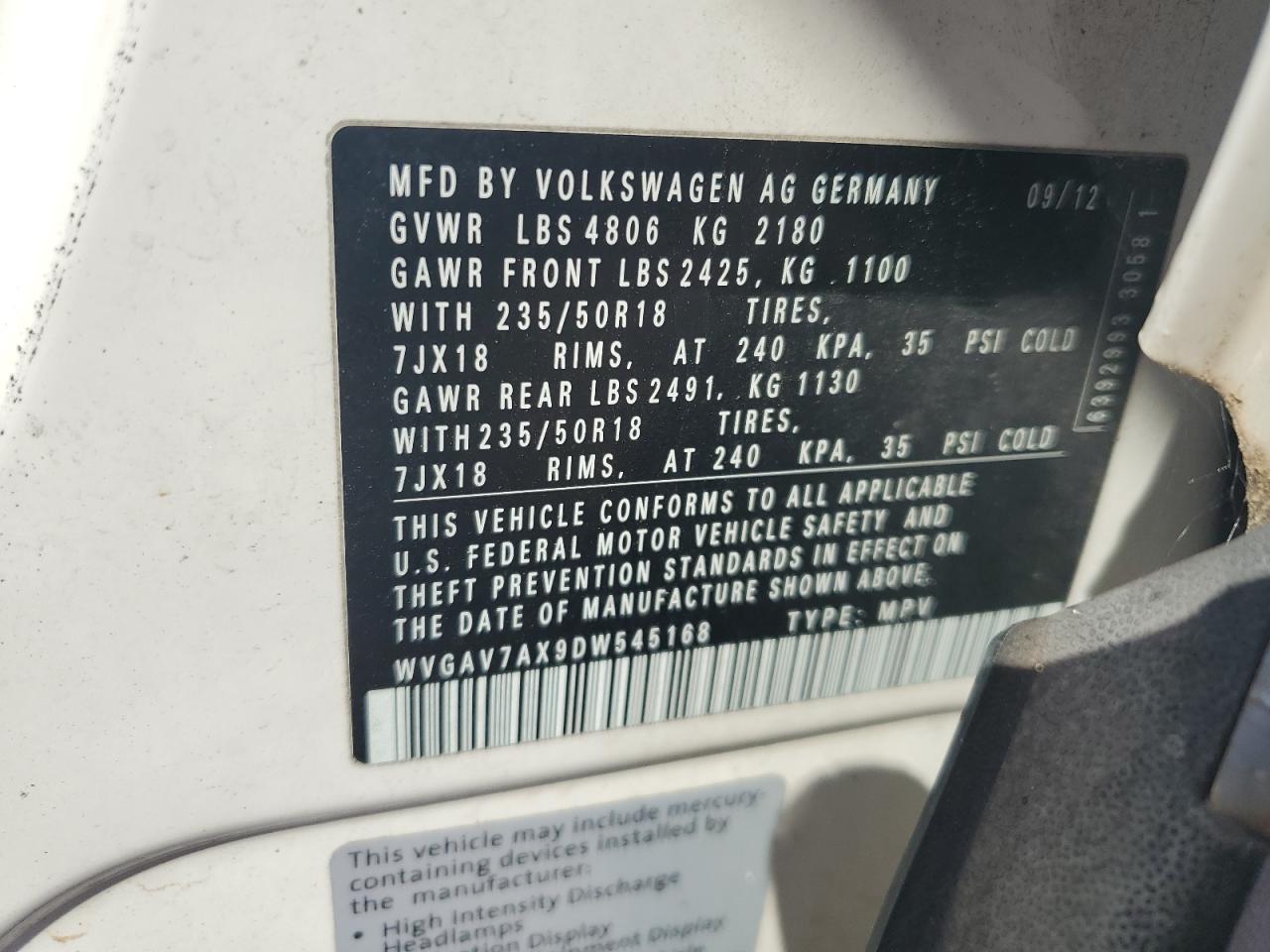 2013 Volkswagen Tiguan S VIN: WVGAV7AX9DW545168 Lot: 61755055