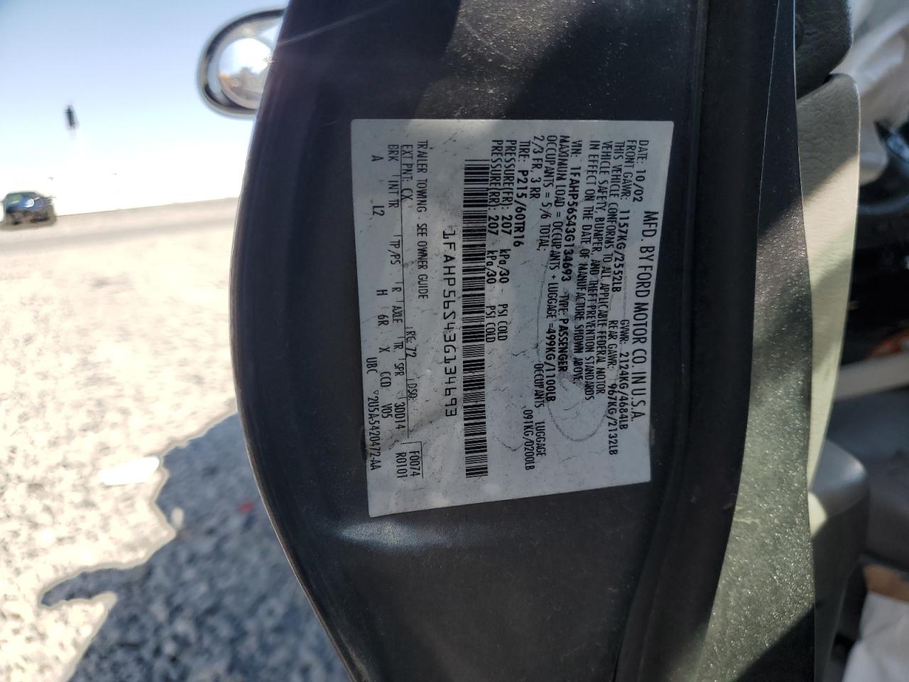 2003 Ford Taurus Sel VIN: 1FAHP56S43G134693 Lot: 65086325