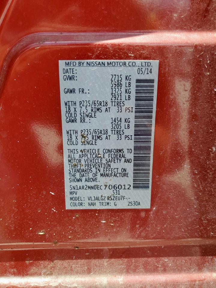 2014 Nissan Pathfinder S VIN: 5N1AR2MN0EC706012 Lot: 64814665