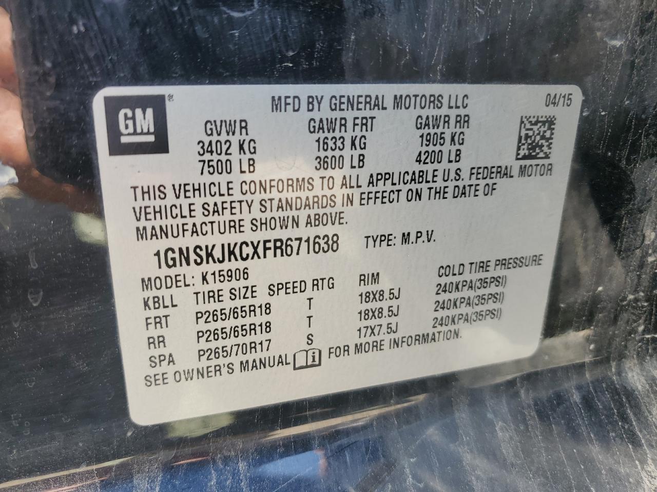 2015 Chevrolet Suburban K1500 Lt VIN: 1GNSKJKCXFR671638 Lot: 65264235