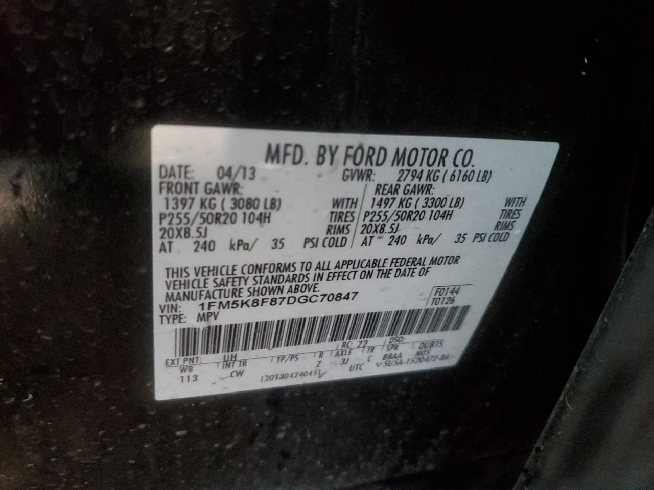 2013 Ford Explorer Limited VIN: 1FM5K8F87DGC70847 Lot: 66945425