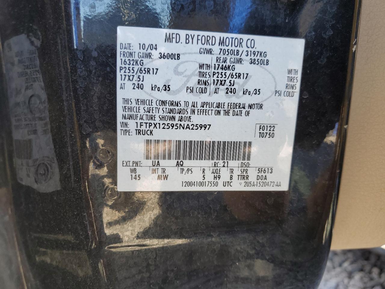 2005 Ford F150 VIN: 1FTPX12595NA25997 Lot: 65164095