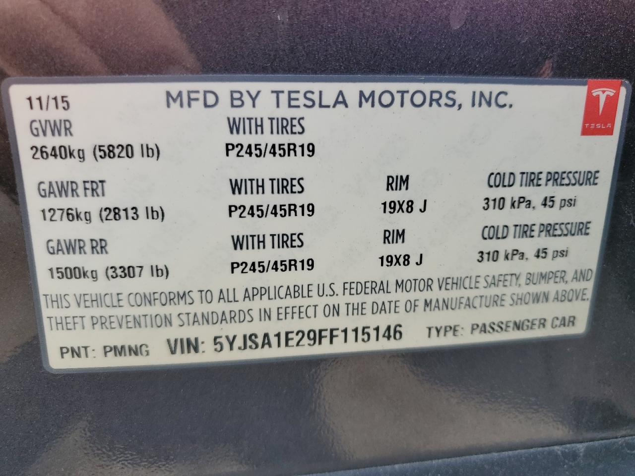 2015 Tesla Model S 70D/85D/P85D VIN: 5YJSA1E29FF115146 Lot: 65836225