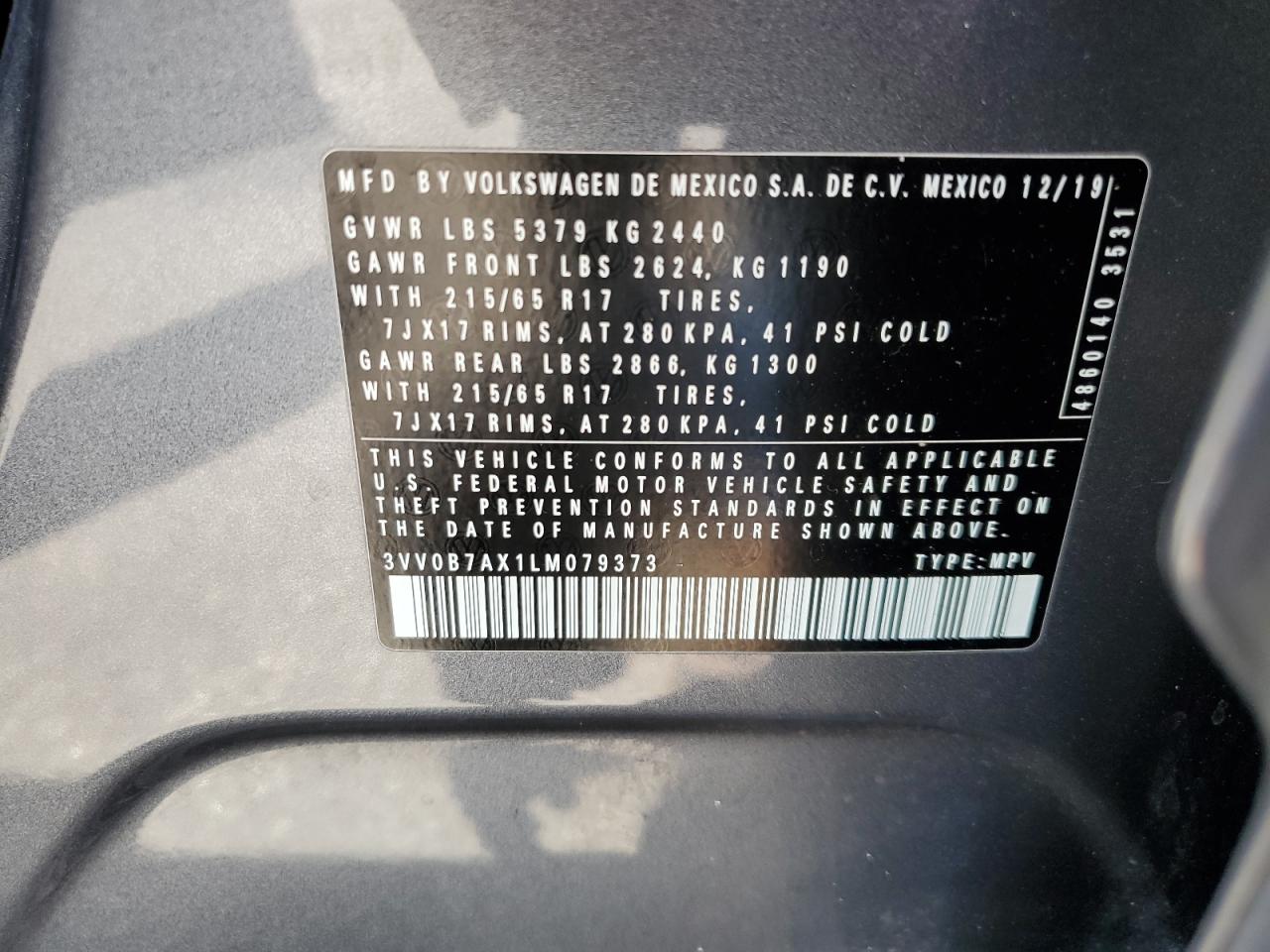 2020 Volkswagen Tiguan S VIN: 3VV0B7AX1LM079373 Lot: 63693475