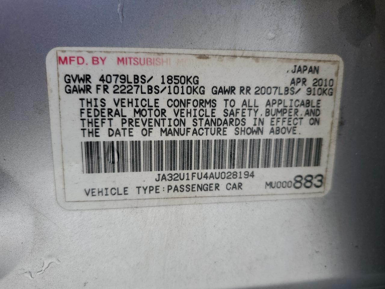 2010 Mitsubishi Lancer De VIN: JA32U1FU4AU028194 Lot: 64493045