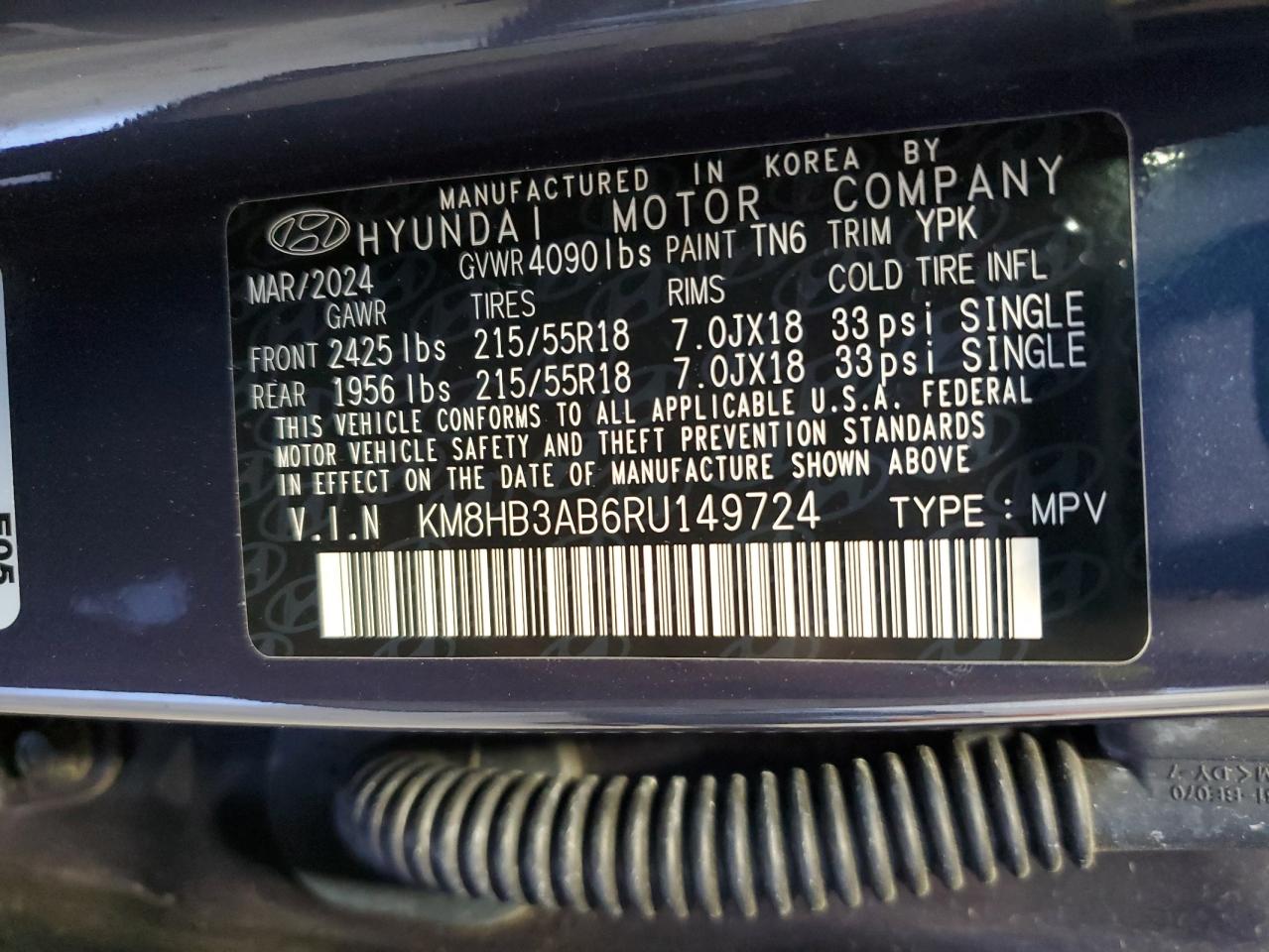 2024 Hyundai Kona Sel VIN: KM8HB3AB6RU149724 Lot: 64993275