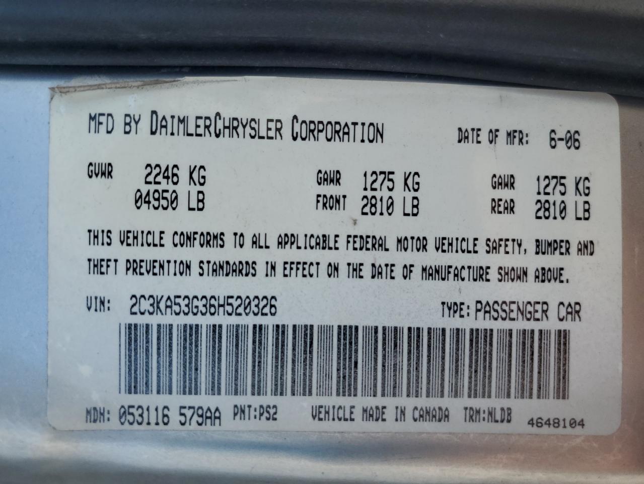 2006 Chrysler 300 Touring VIN: 2C3KA53G36H520326 Lot: 63117665