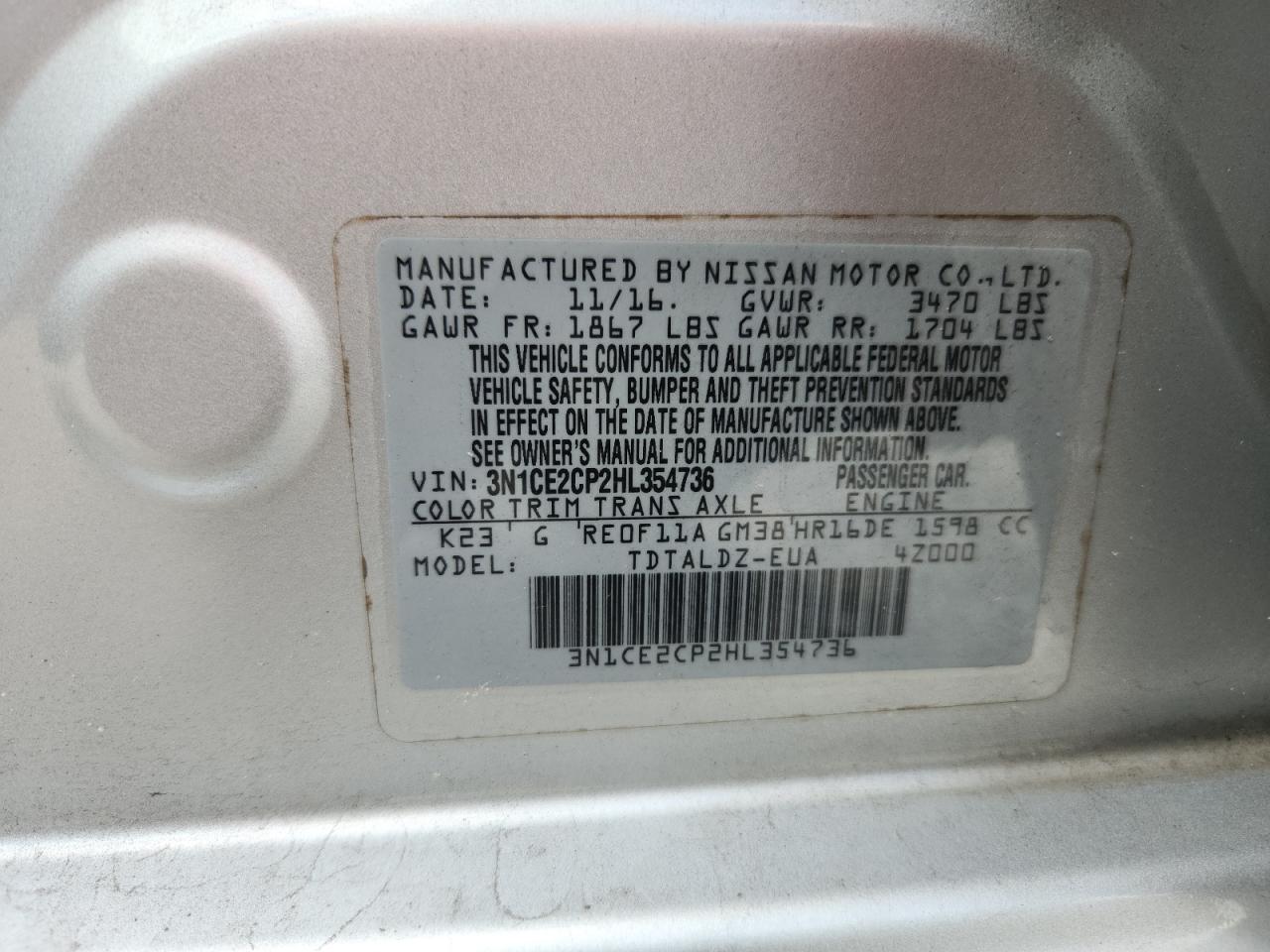 2017 Nissan Versa Note S VIN: 3N1CE2CP2HL354736 Lot: 63967595