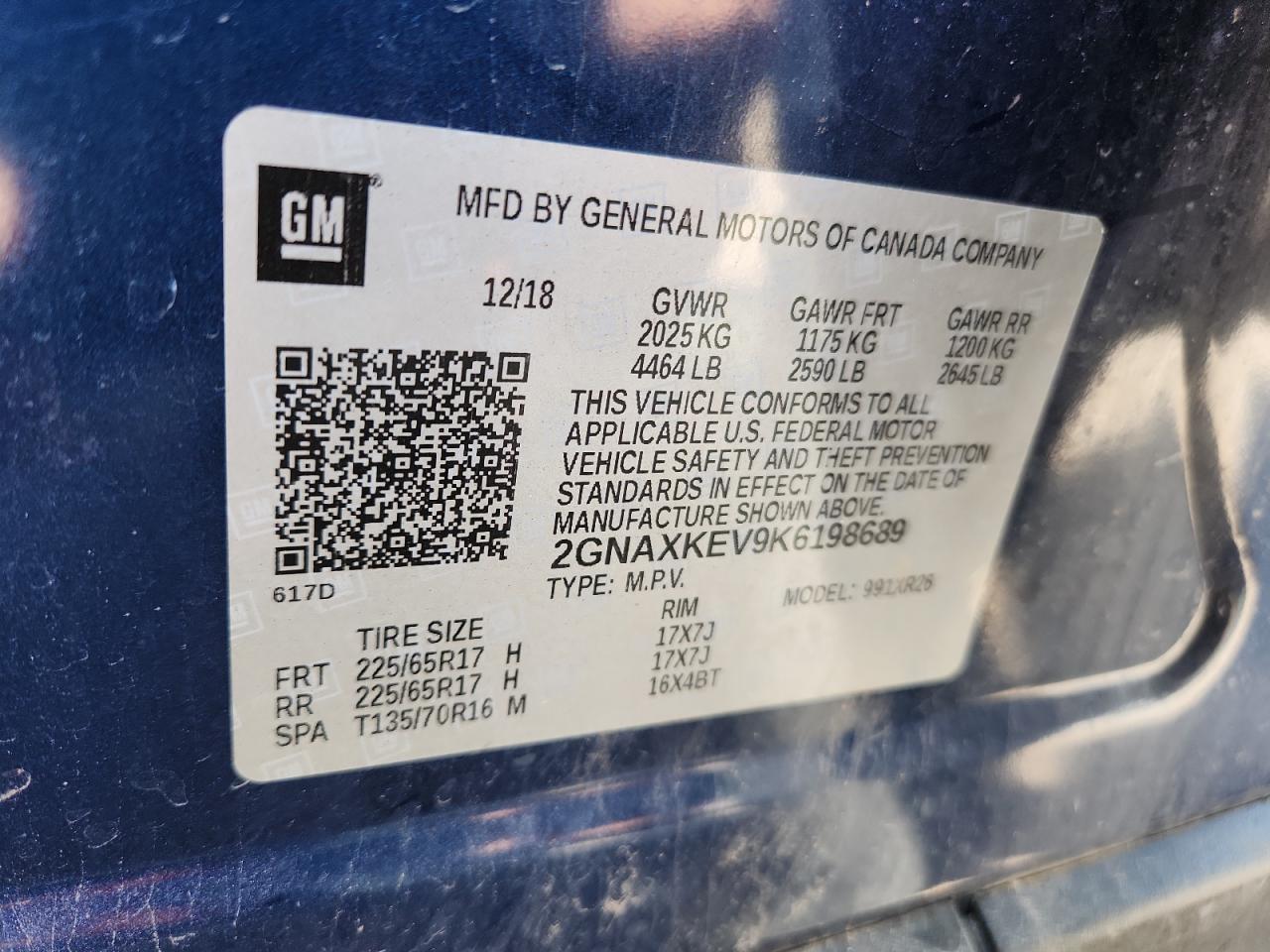 2019 Chevrolet Equinox Lt VIN: 2GNAXKEV9K6198689 Lot: 64088705