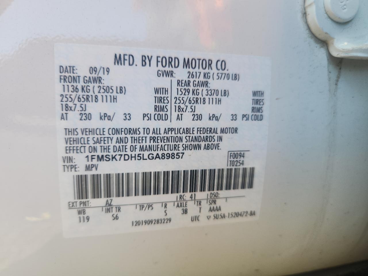 2020 Ford Explorer Xlt VIN: 1FMSK7DH5LGA89857 Lot: 61356555