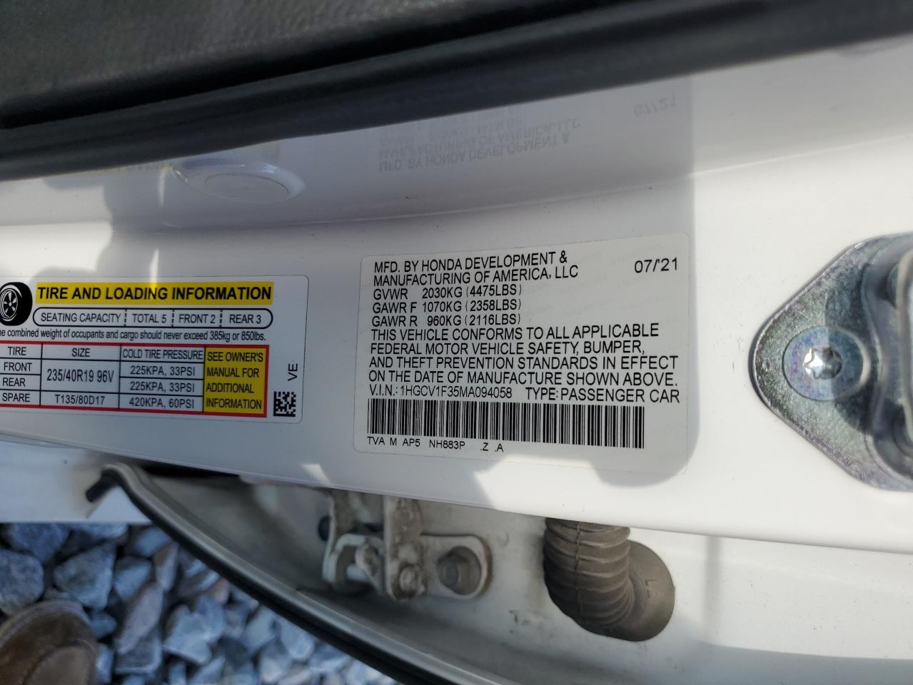 2021 Honda Accord Sport VIN: 1HGCV1F35MA094058 Lot: 63772255