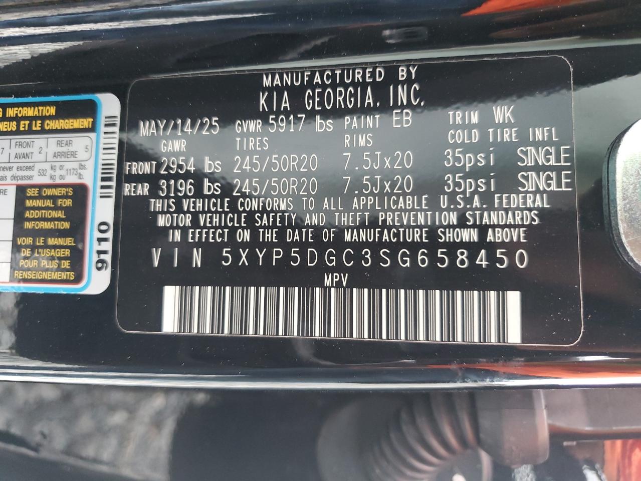 2025 Kia Telluride Sx VIN: 5XYP5DGC3SG658450 Lot: 65404455