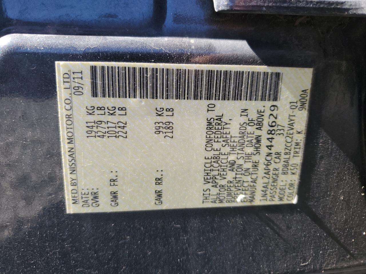2012 Nissan Altima Base VIN: 1N4AL2AP6CN448629 Lot: 65540945