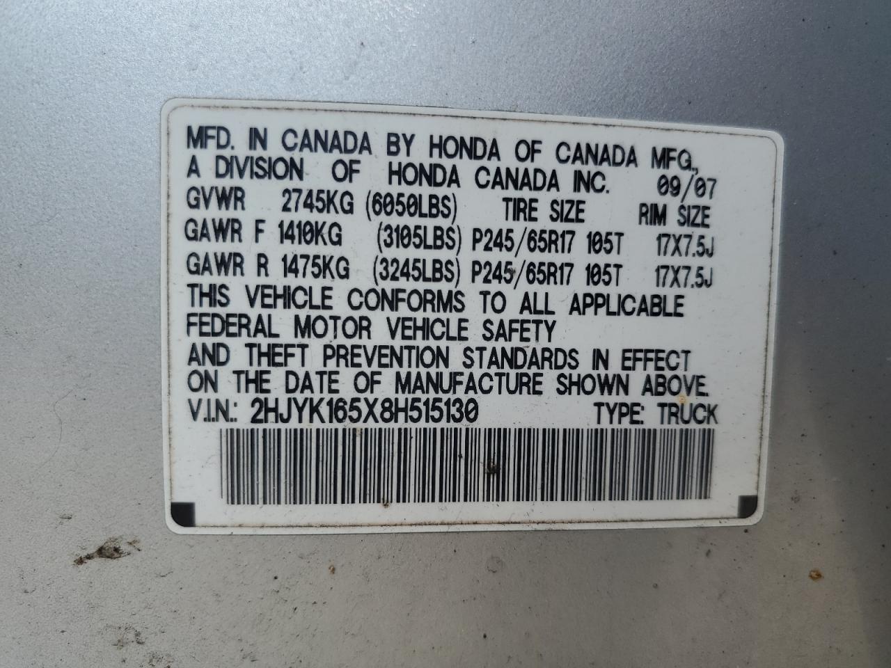 2008 Honda Ridgeline Rtl VIN: 2HJYK165X8H515130 Lot: 63074015