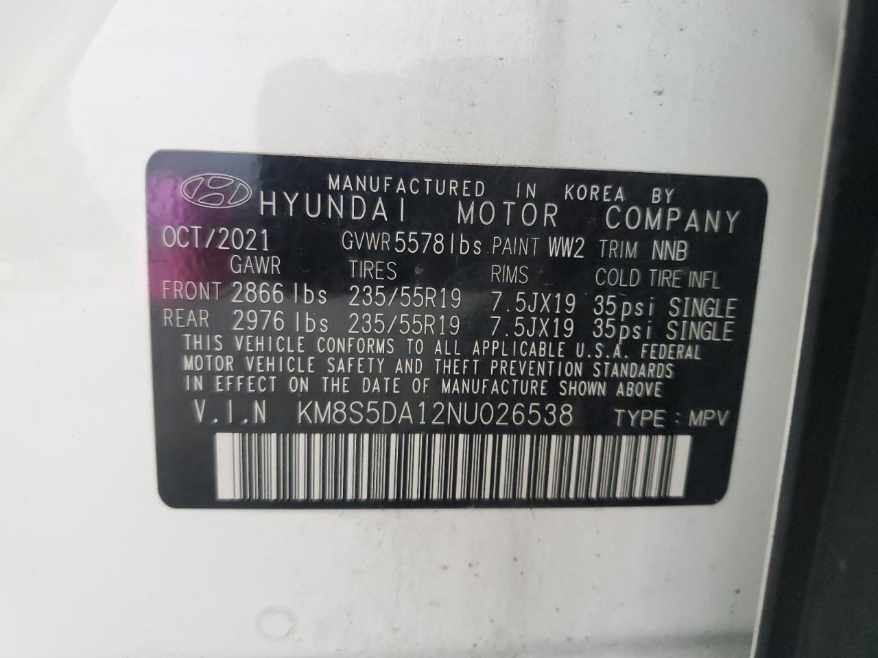 KM8S5DA12NU026538 2022 Hyundai Santa Fe Limited