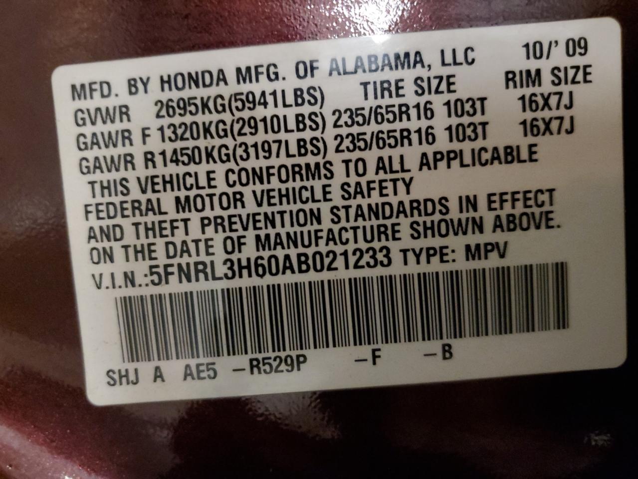 2010 Honda Odyssey Exl VIN: 5FNRL3H60AB021233 Lot: 65763065