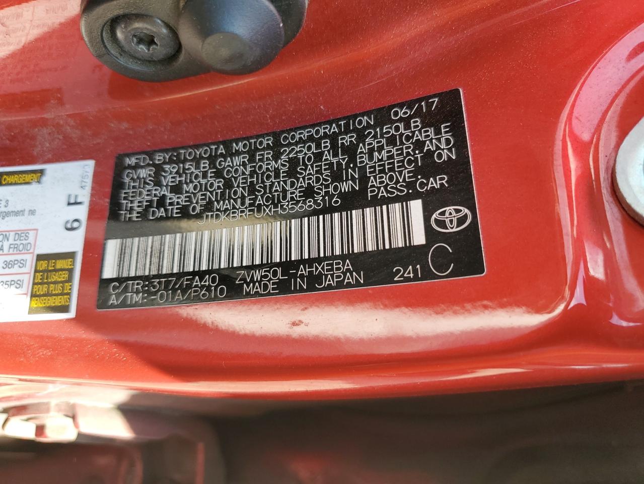 2017 Toyota Prius VIN: JTDKBRFUXH3568316 Lot: 64458335