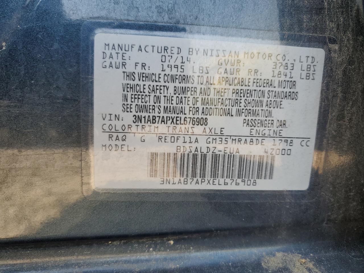2014 Nissan Sentra S VIN: 3N1AB7APXEL676908 Lot: 63122635