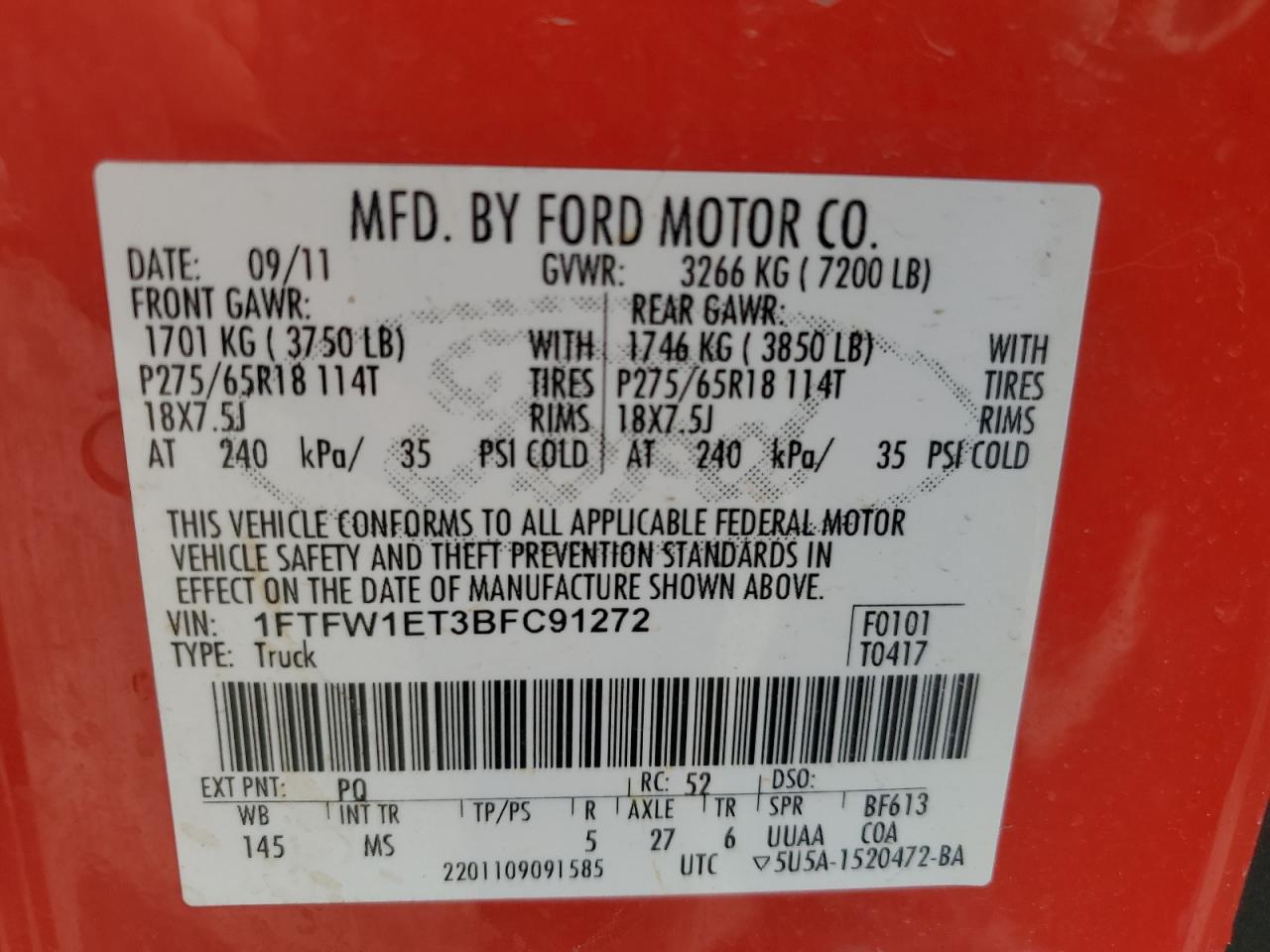 2011 Ford F150 Supercrew VIN: 1FTFW1ET3BFC91272 Lot: 64627315