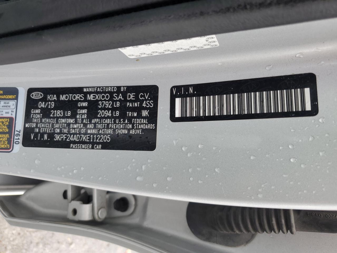 2019 Kia Forte Fe VIN: 3KPF24AD7KE112205 Lot: 64763485