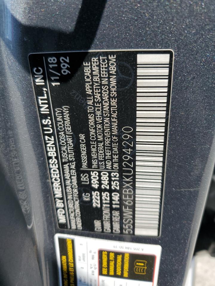 2019 Mercedes-Benz C 43 Amg VIN: 55SWF6EBXKU294290 Lot: 65159015