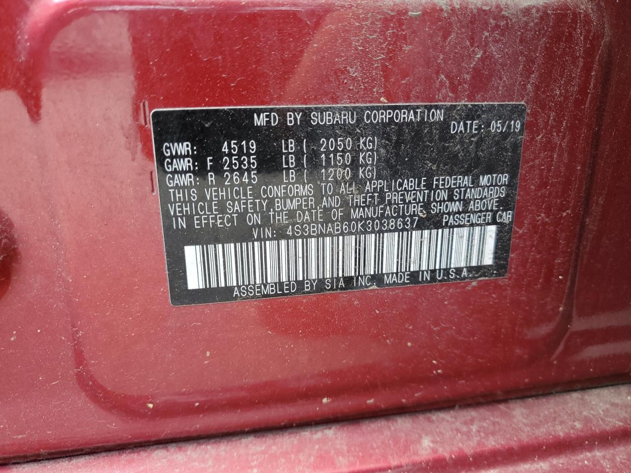 2019 Subaru Legacy 2.5I VIN: 4S3BNAB60K3038637 Lot: 65021275