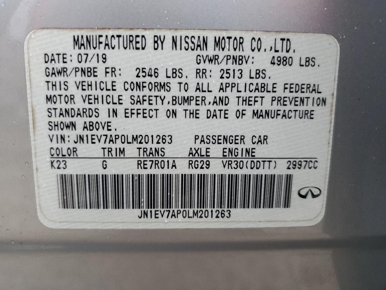 2020 Infiniti Q50 Pure VIN: JN1EV7AP0LM201263 Lot: 64953015