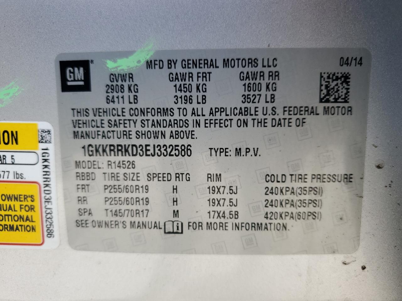1gkkrrkd3ej332586 1GKKRRKD3EJ332586 2014 GMC Acadia Slt-1