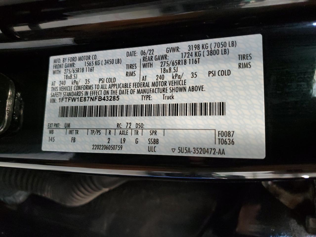 2022 Ford F150 Supercrew VIN: 1FTFW1E87NFB43285 Lot: 65235545