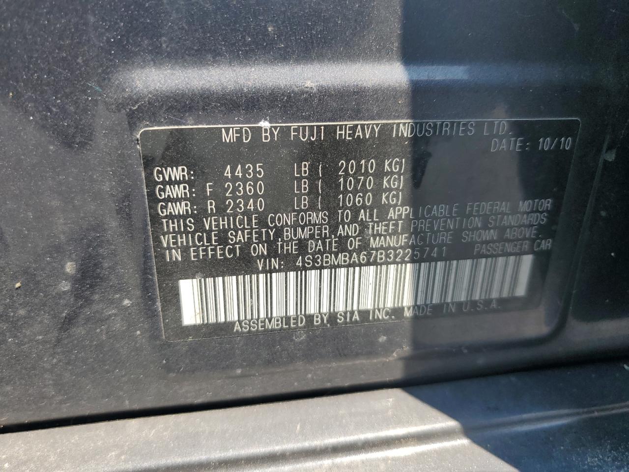 2011 Subaru Legacy 2.5I VIN: 4S3BMBA67B3225741 Lot: 66947485