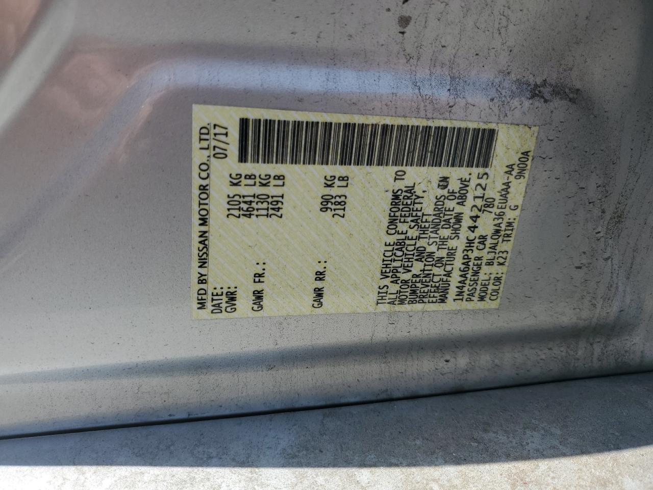 2017 Nissan Maxima 3.5S VIN: 1N4AA6AP3HC442125 Lot: 64584325