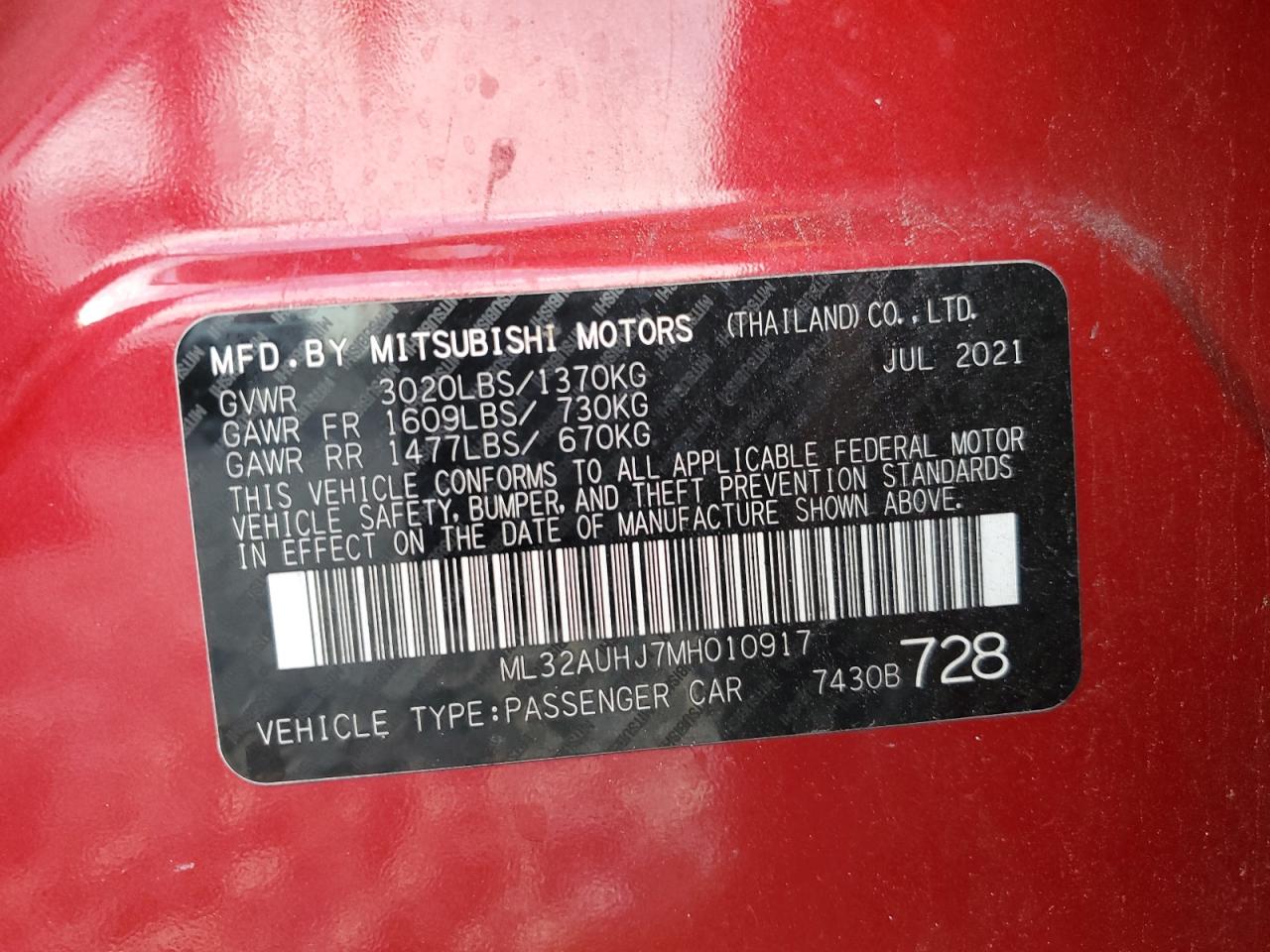 2021 Mitsubishi Mirage Es VIN: ML32AUHJ7MH010917 Lot: 64630945